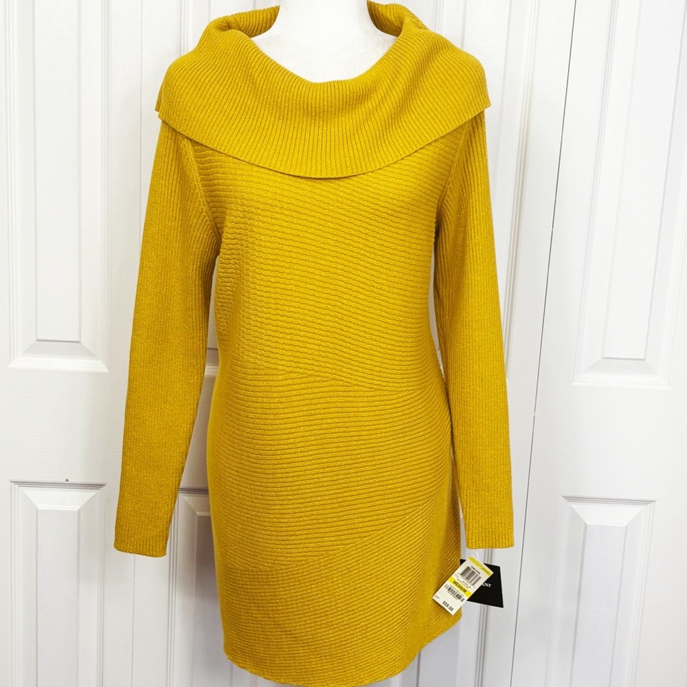 NWT Alfani Mustard Yellow Gold Metallic Ribbed Knit Tunic Sweater Medium